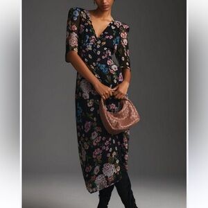 Anthropologie Black Floral Midi Dress with Multicolor Blossoms